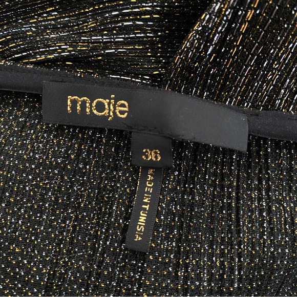 MAJE RUNNY BLACK GOLD SILVER METALLIC V-NECK LONG SLEEVE DRAPE MINI DRESS - Picture 9 of 12